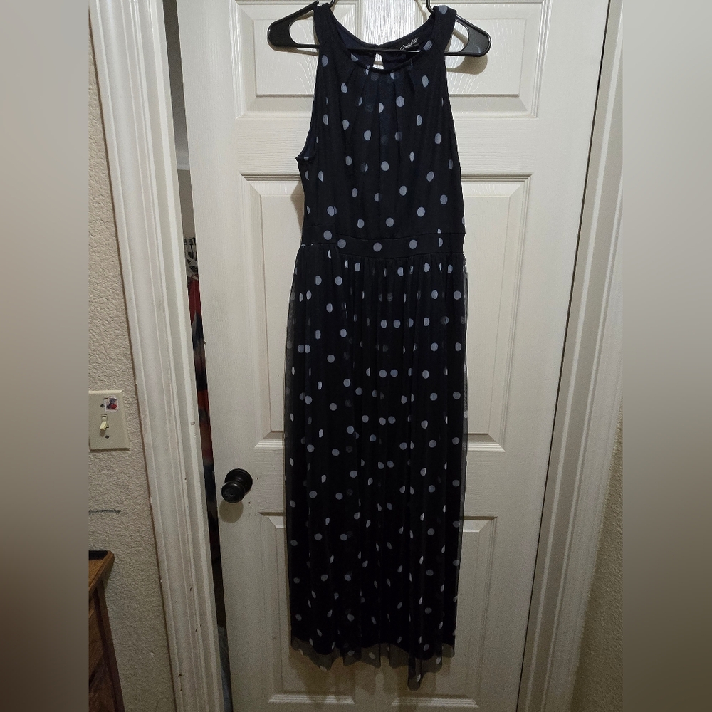 Long sleeveless blue with white polka dots